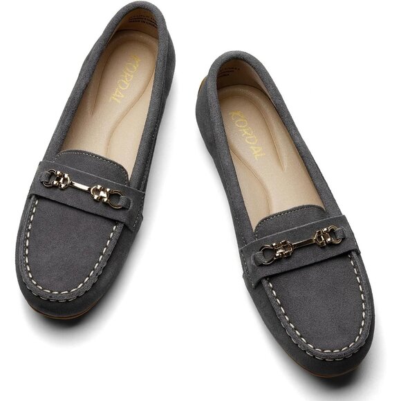 Kordal Women's Grey Leather Gold Accent Buckle Slip-Ons Comfortable Loafers - Picture 8 of 9